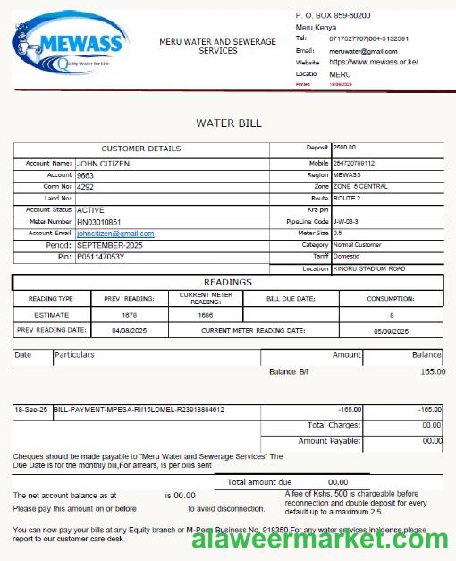 Kenya Meru Water and Sewerage Services utility bill template in Word and PDF formats